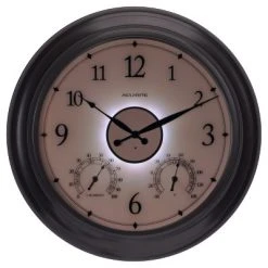 24" Metal Outdoor / Indoor Wall Clock with Illuminated Face, Thermometer and Humidity - Bronze Finish - Acurite