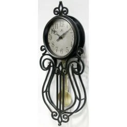 Infinity Instruments 20068AG-4420 Rustic Farmhouse Decorative 20 x 9 Inch Quartz Battery Powered Pendulum Wall Clock, Antique Black